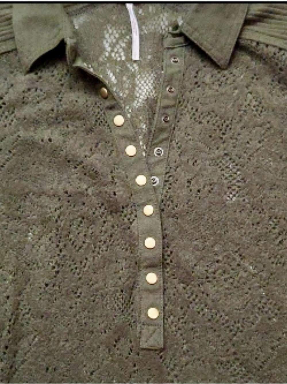 Free People Olive Green Lace Button-Front Polo Shirt - Picture 4 of 6